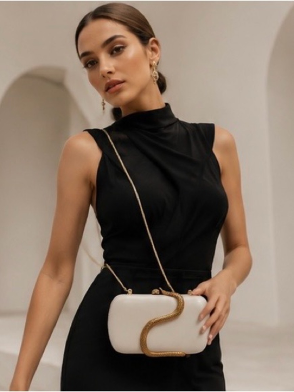 White Evening Clutch with Gold Snake Detail - Picture 2 of 6